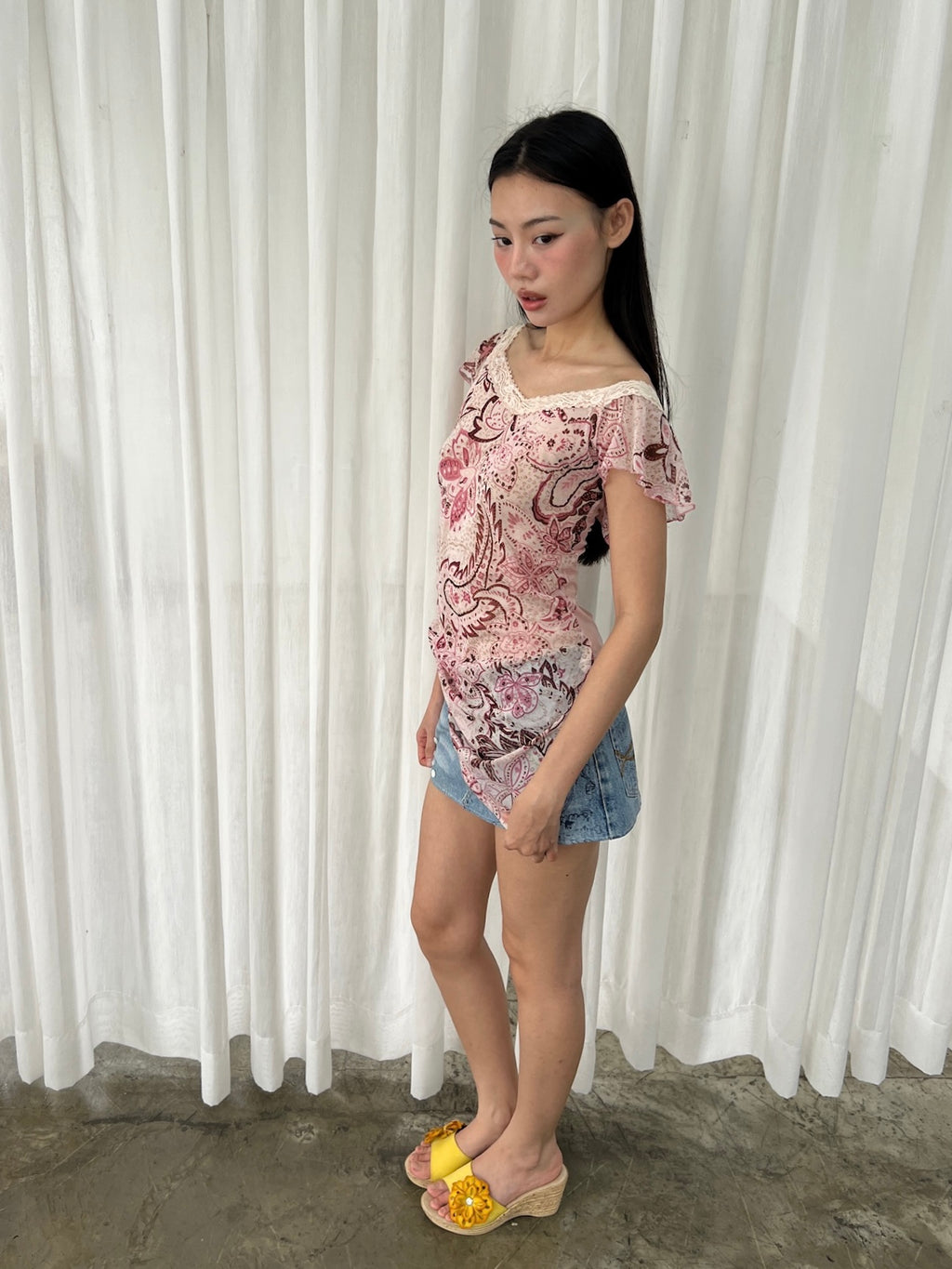 Pink mesh flutter sleeve top