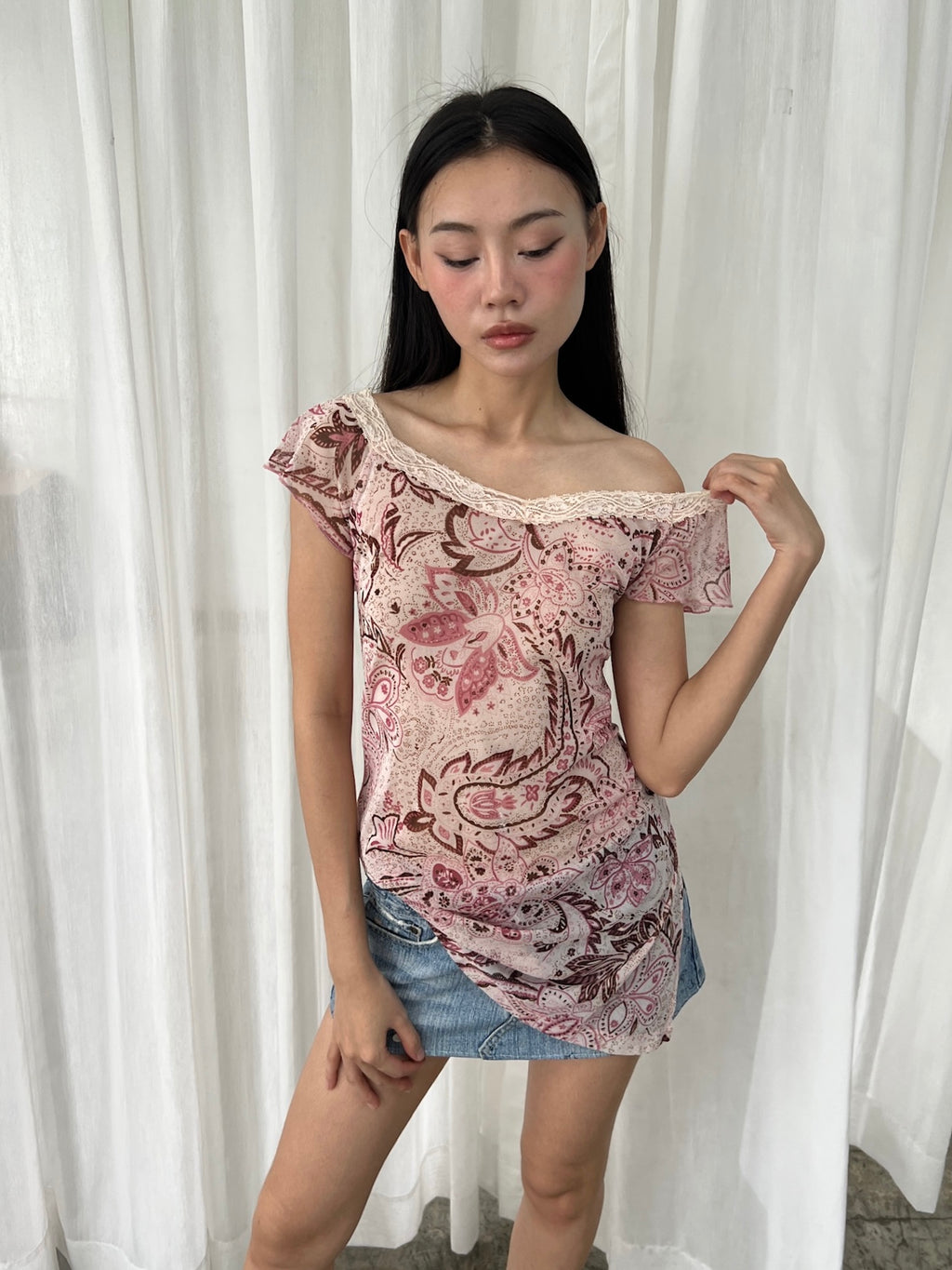 Pink mesh flutter sleeve top