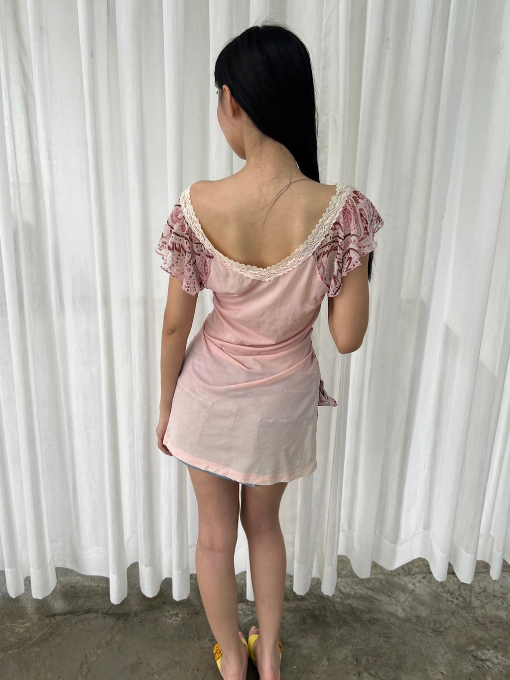 Pink mesh flutter sleeve top