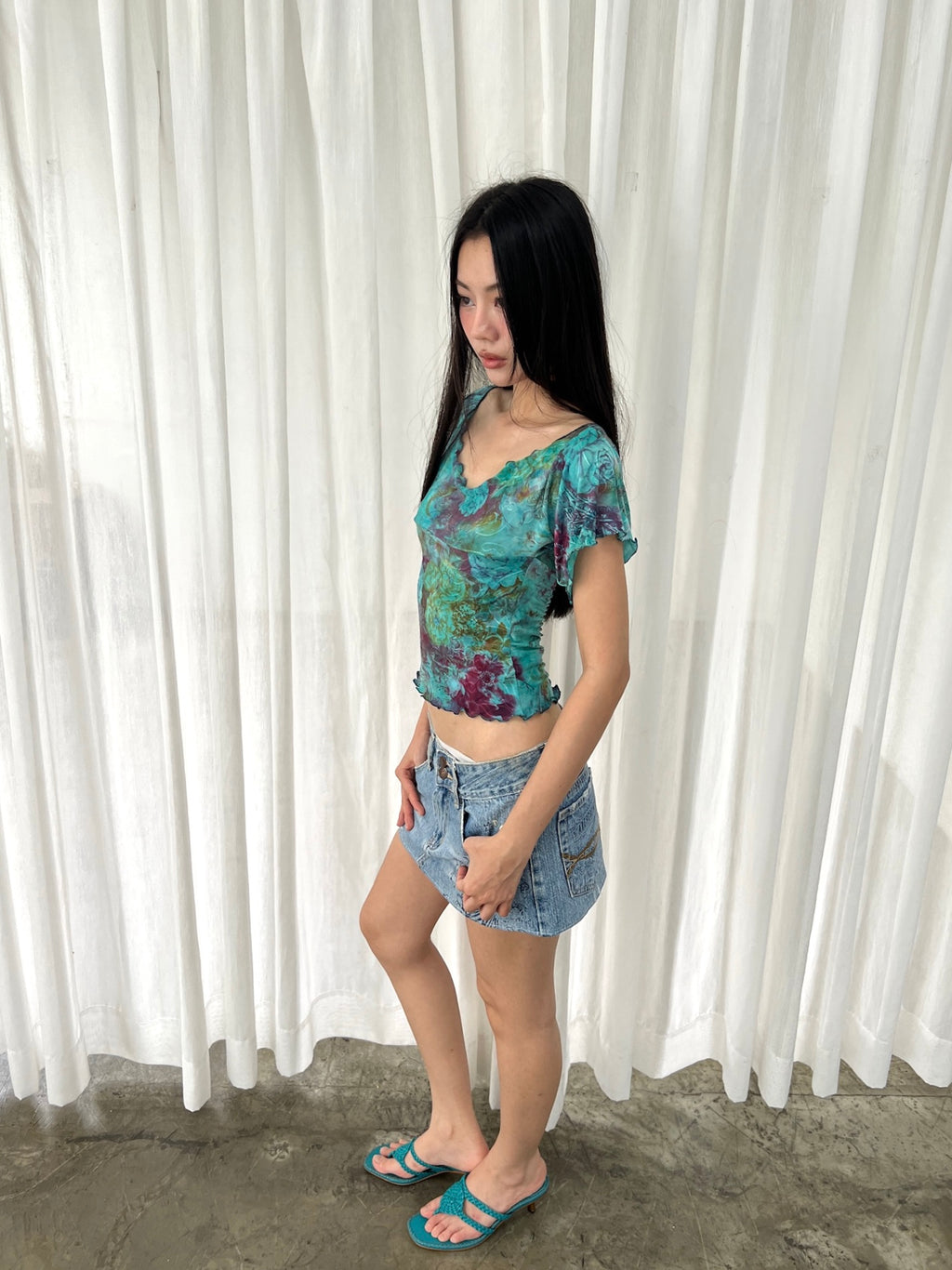 Teal floral off shoulder top