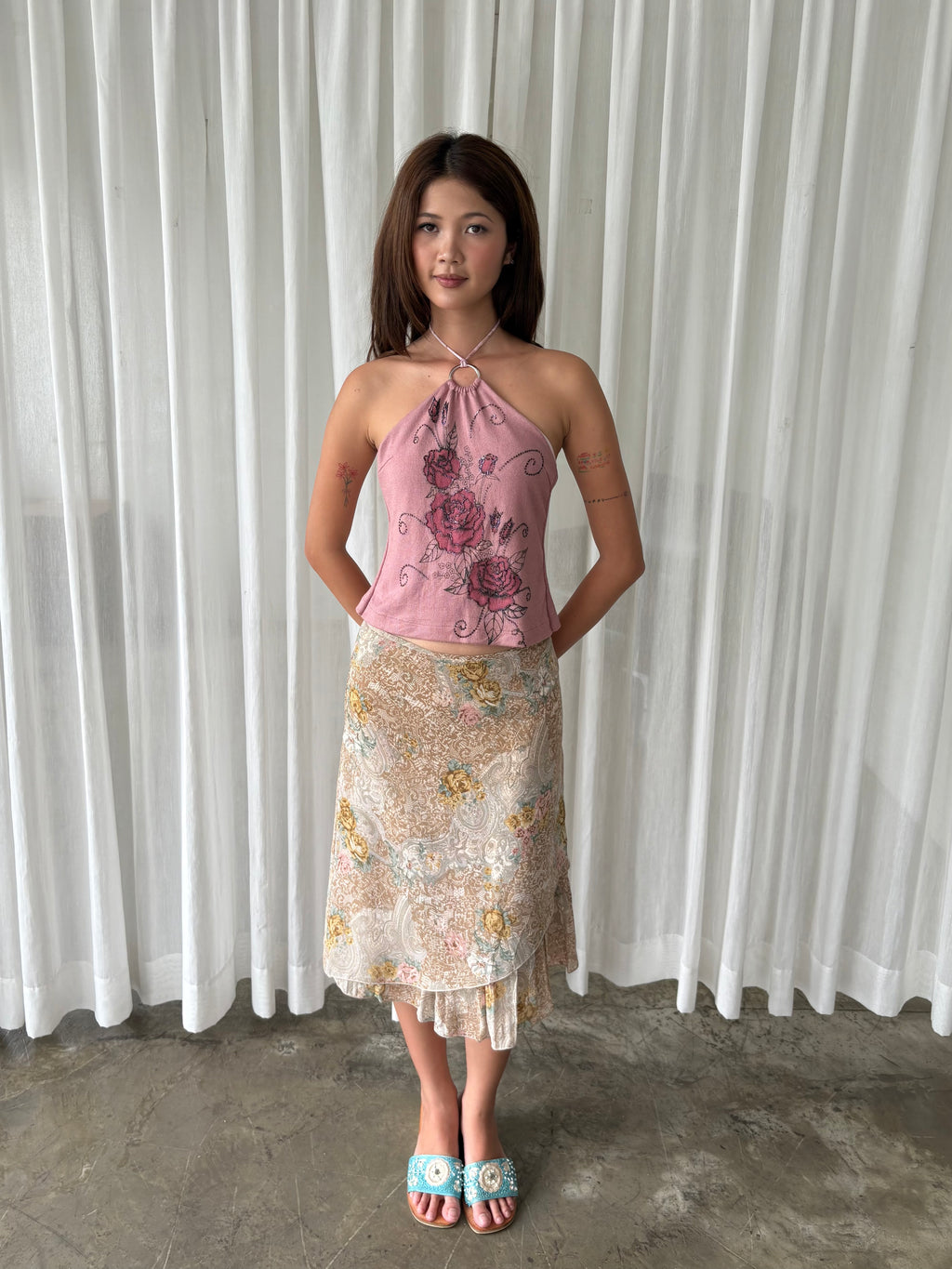 Pink rose halter & European floral midi skirt