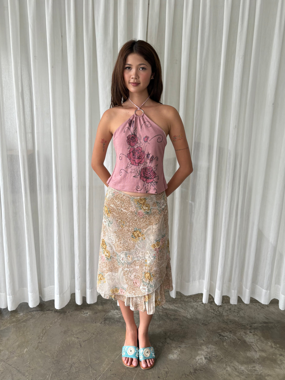 Pink rose halter & European floral midi skirt