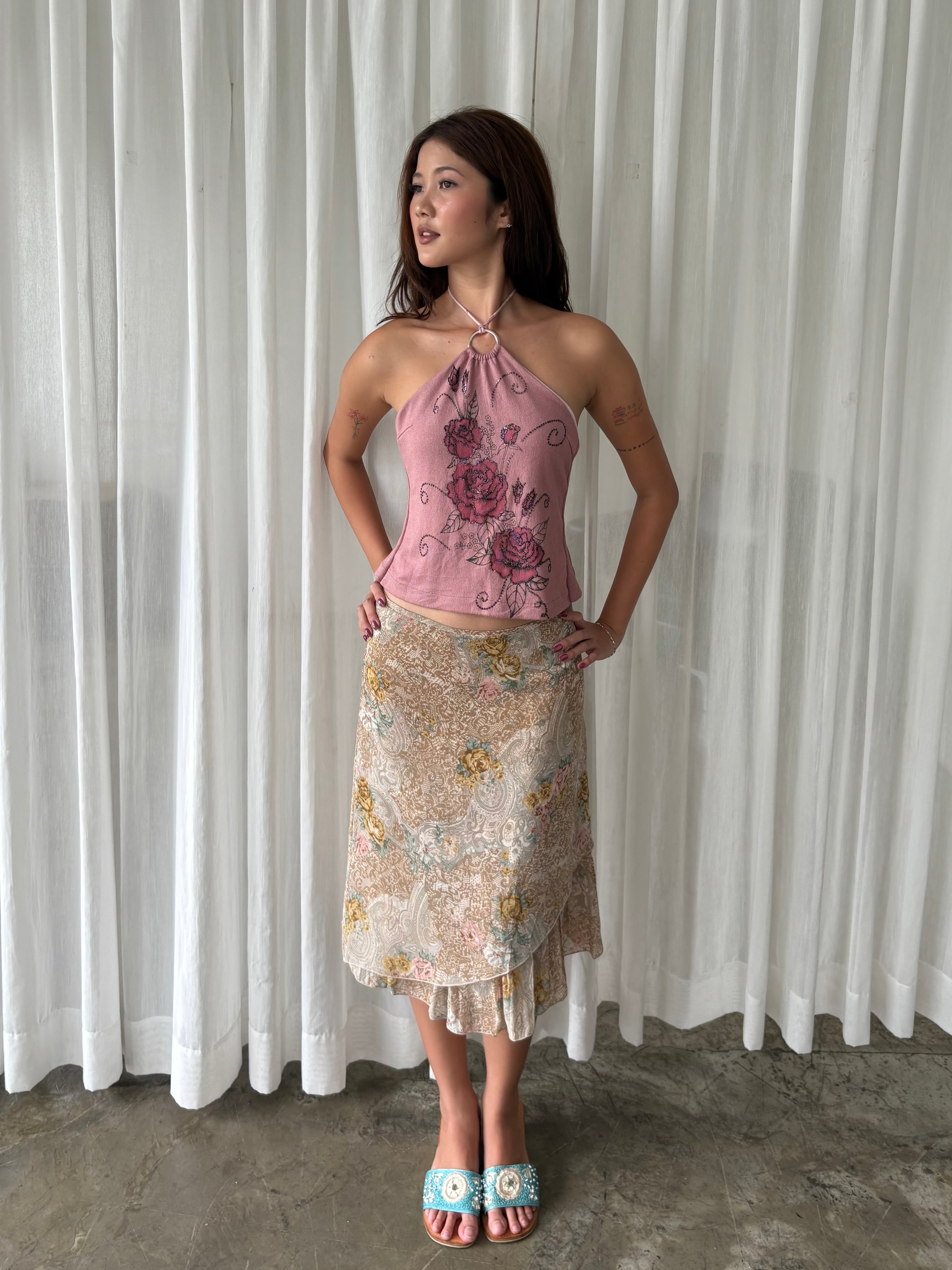 Pink rose halter & European floral midi skirt