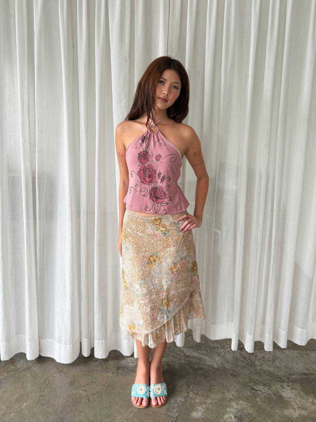 Pink rose halter & European floral midi skirt