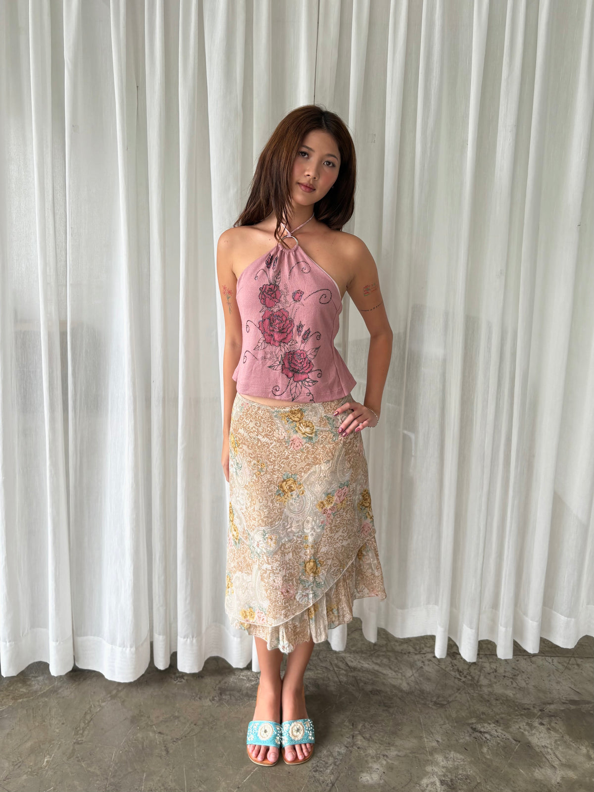 Pink rose halter & European floral midi skirt