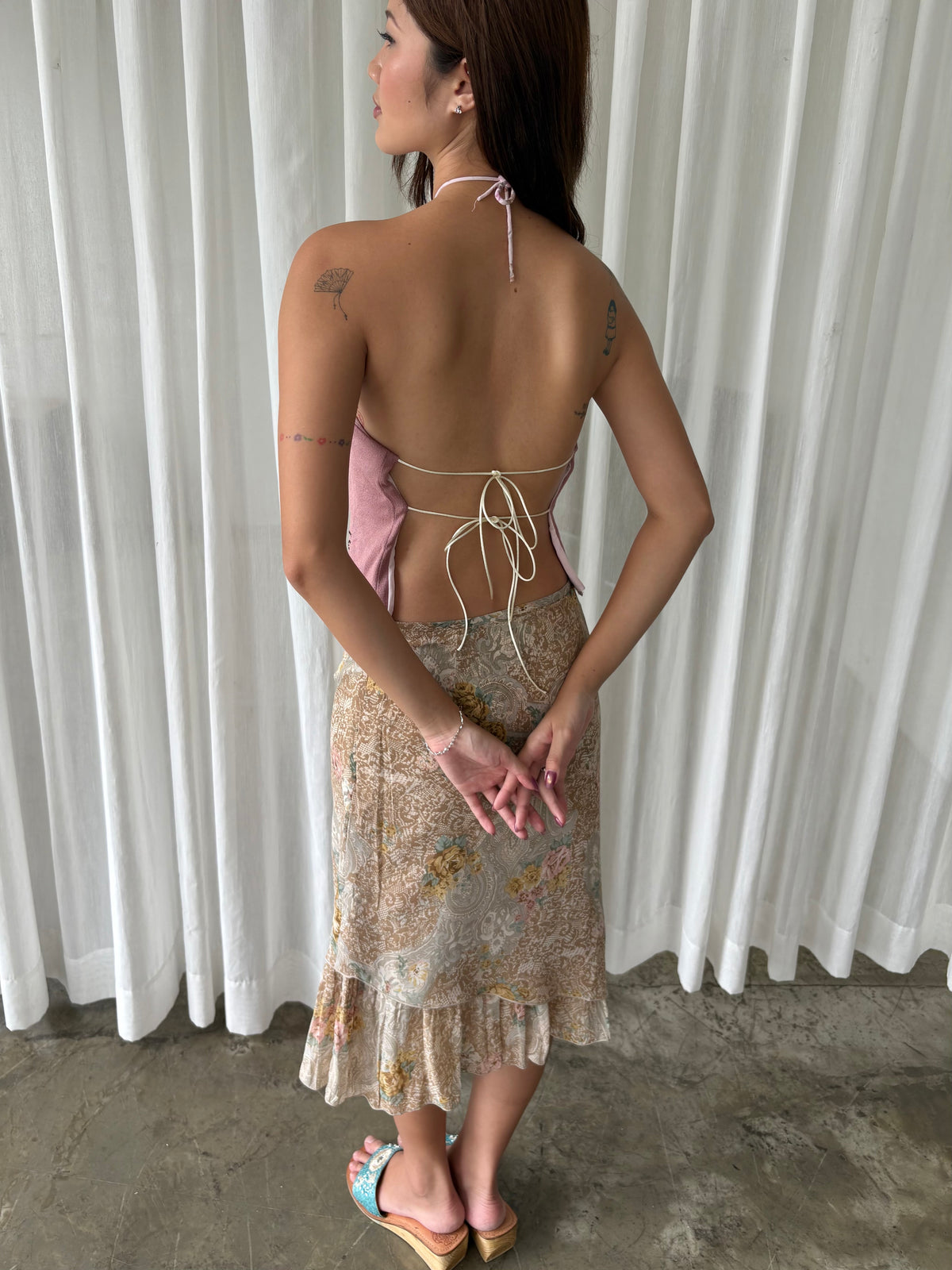 Pink rose halter & European floral midi skirt