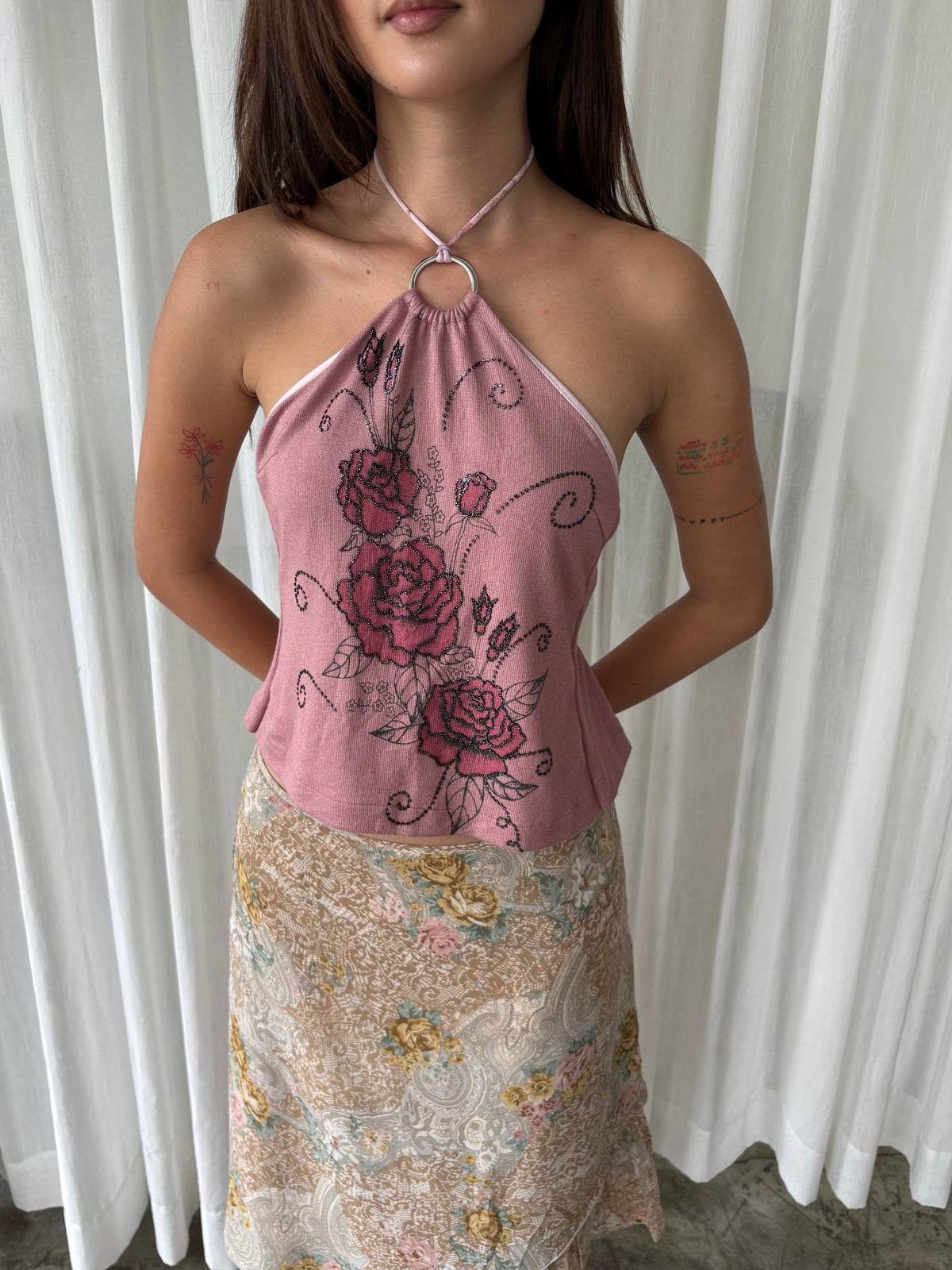 Pink rose halter & European floral midi skirt