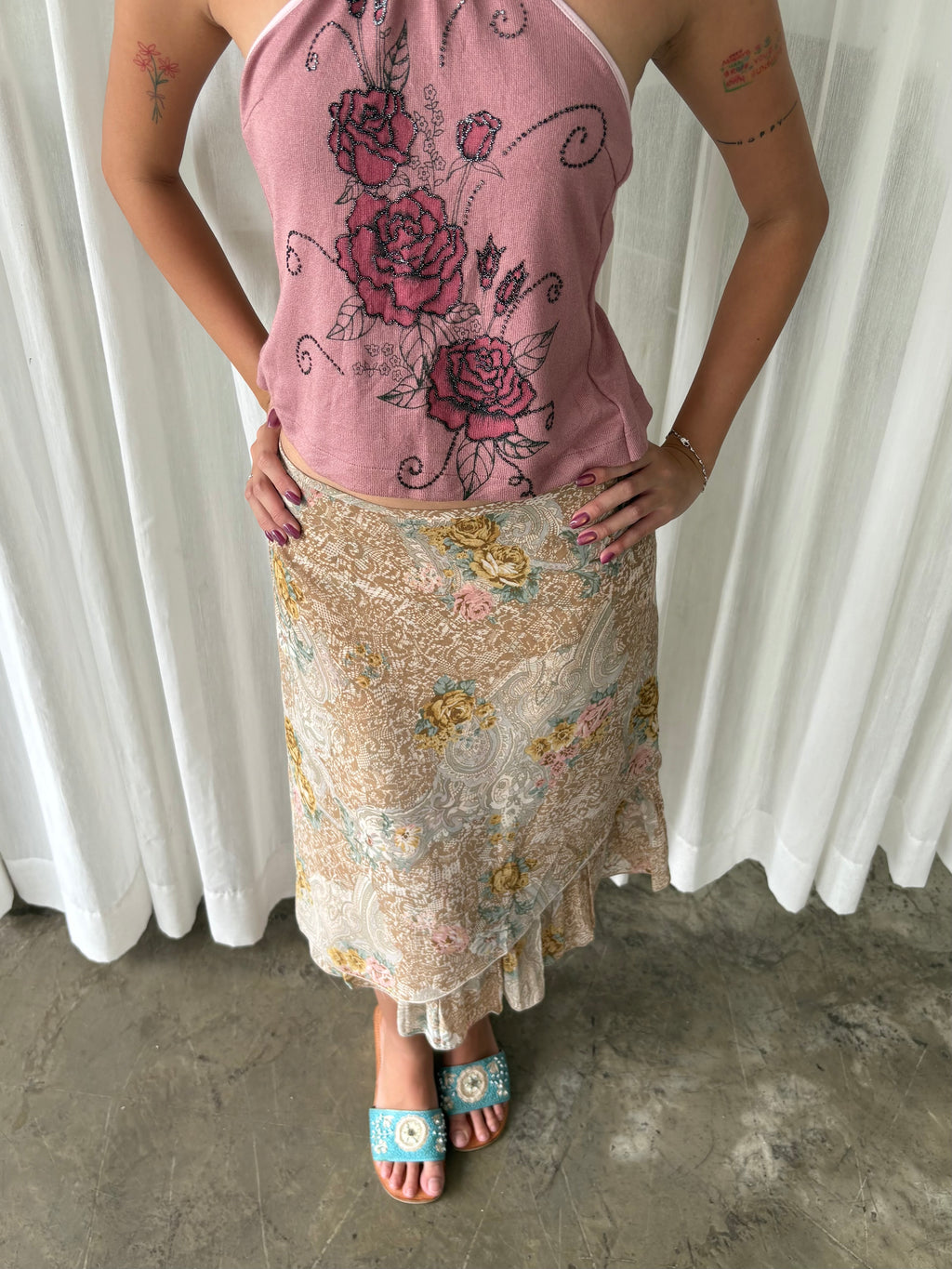 Pink rose halter & European floral midi skirt