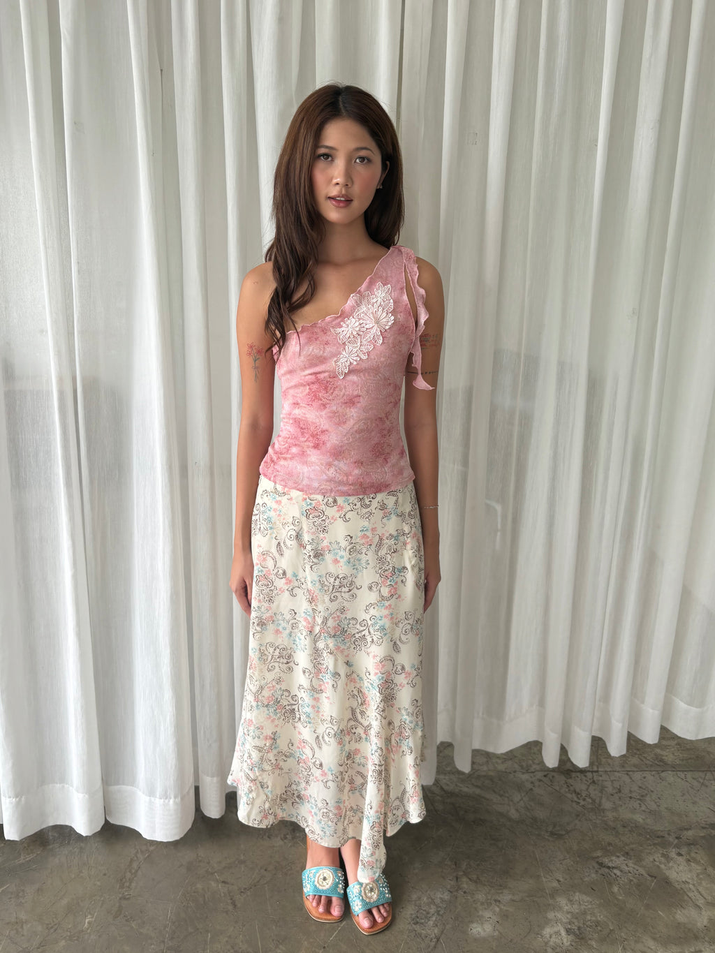 Pink blossom one shoulder top & Pastel floral midi skirt
