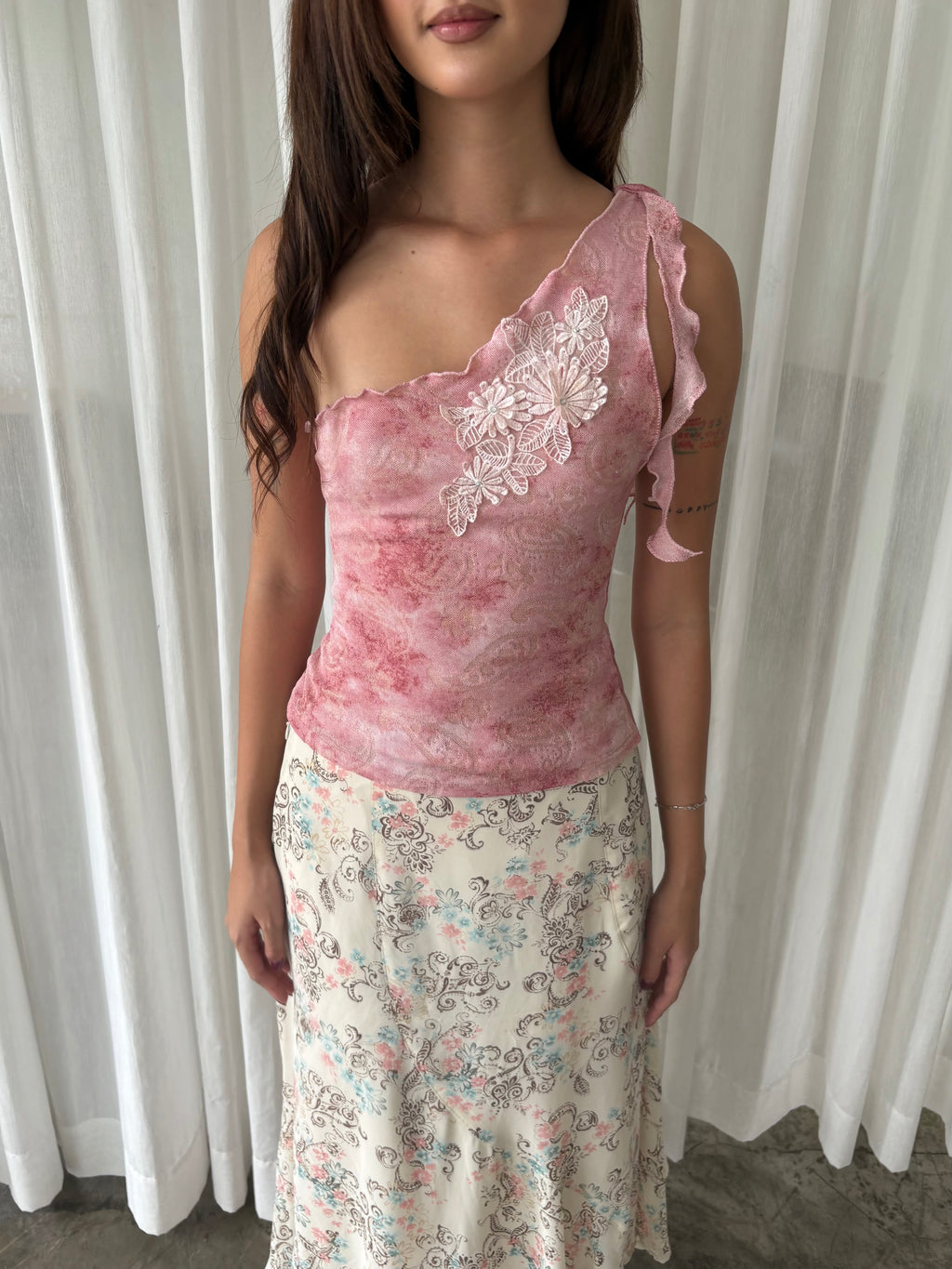 Pink blossom one shoulder top & Pastel floral midi skirt