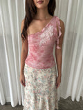 Pink blossom one shoulder top & Pastel floral midi skirt