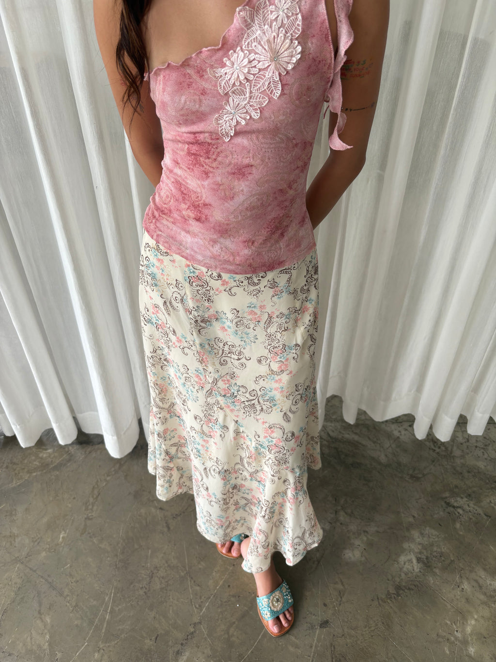 Pink blossom one shoulder top & Pastel floral midi skirt