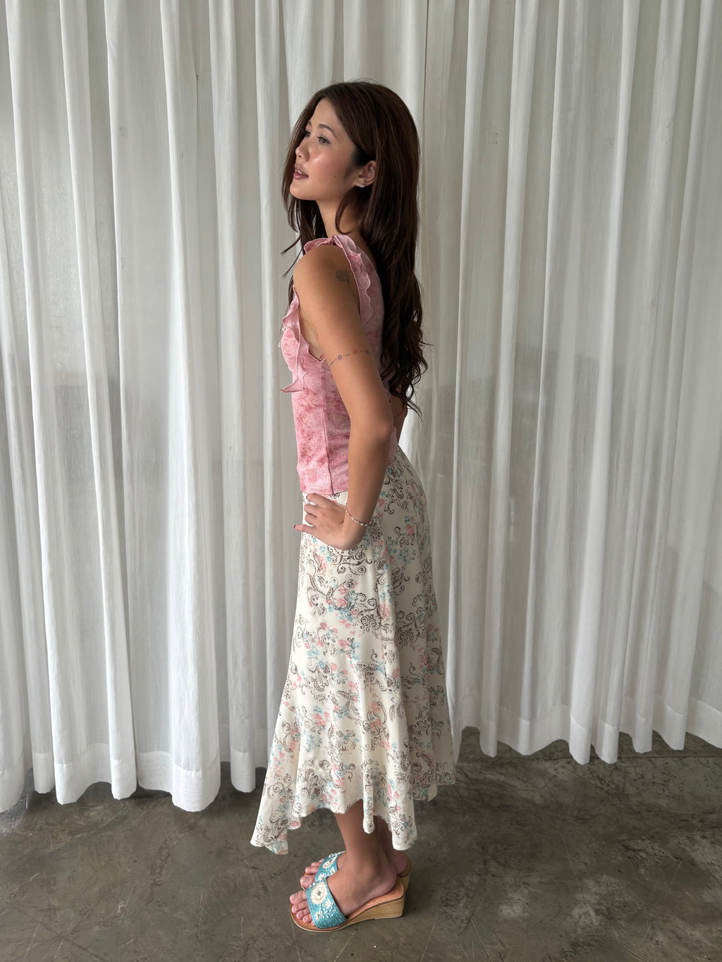 Pink blossom one shoulder top & Pastel floral midi skirt
