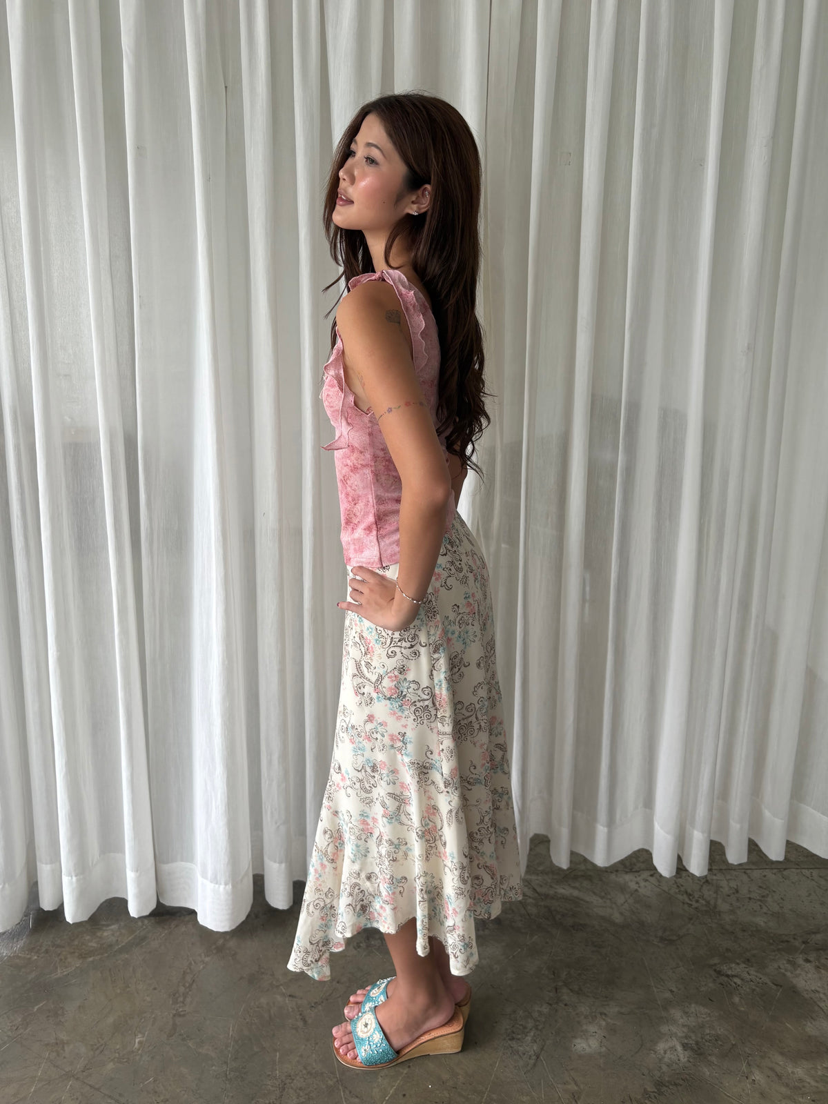 Pink blossom one shoulder top & Pastel floral midi skirt