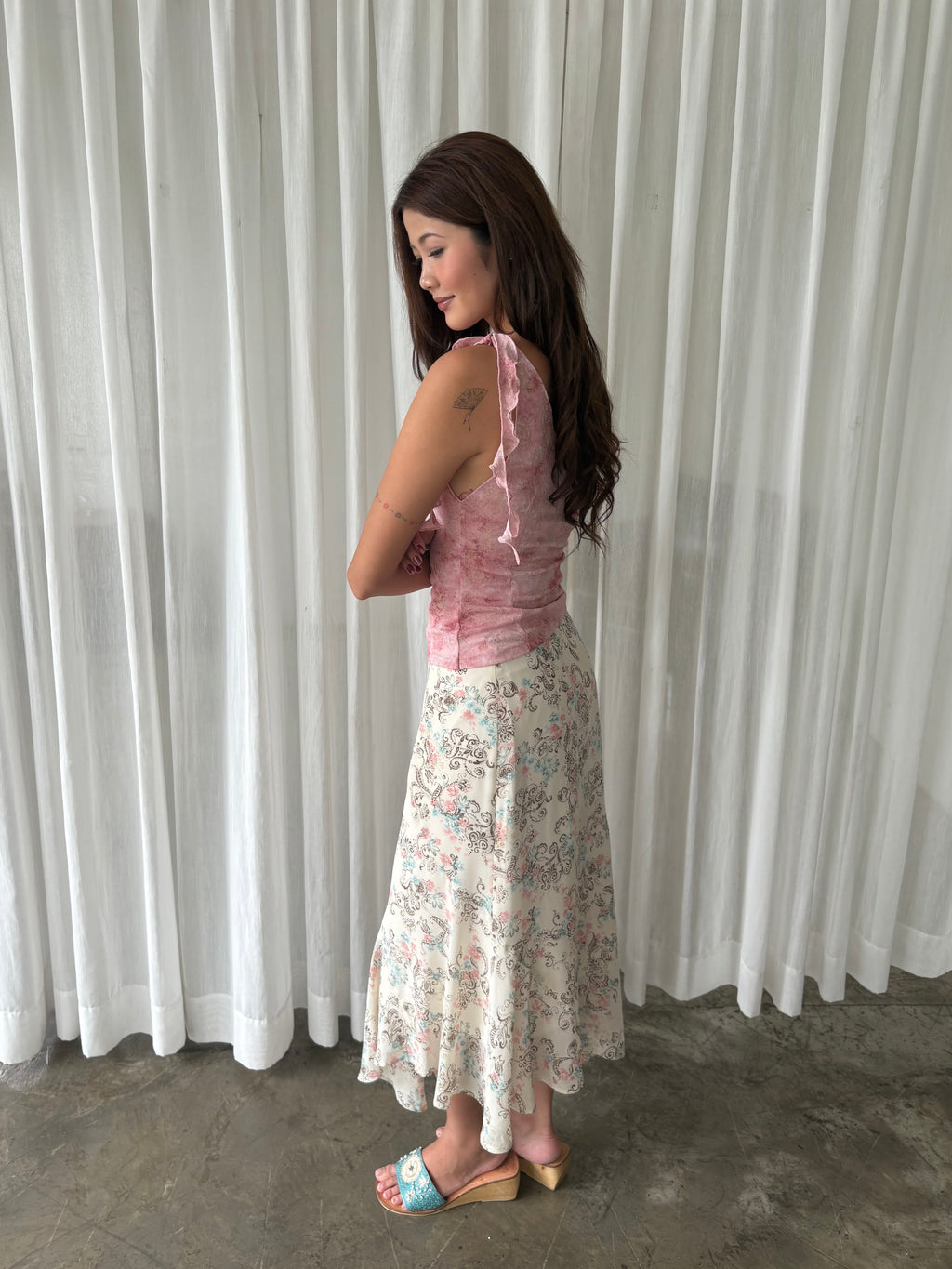 Pink blossom one shoulder top & Pastel floral midi skirt