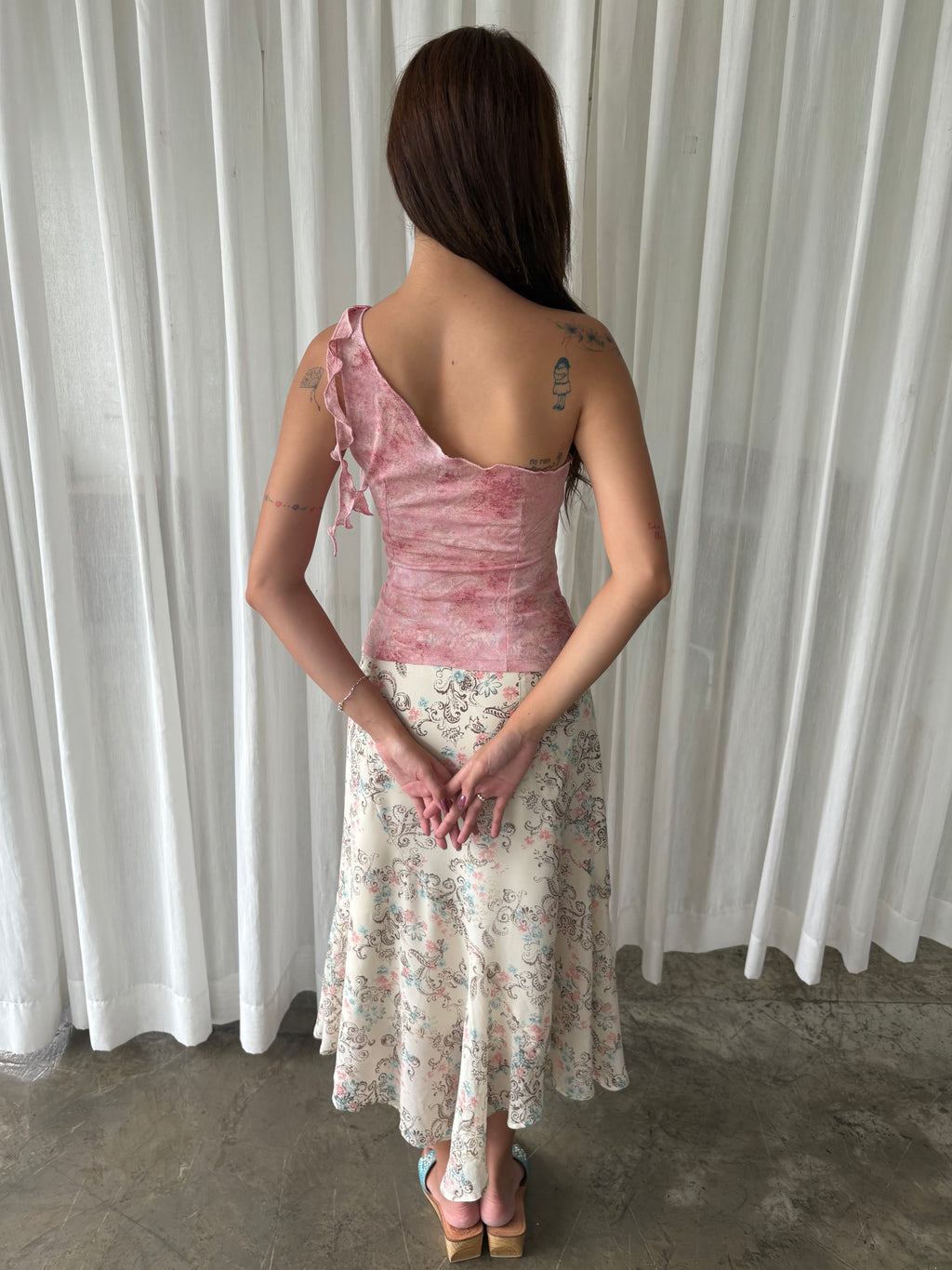 Pink blossom one shoulder top & Pastel floral midi skirt