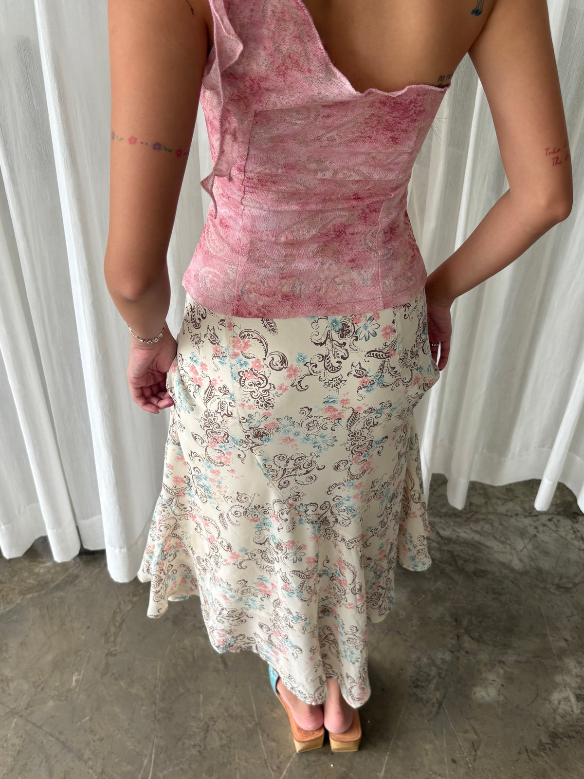 Pink blossom one shoulder top & Pastel floral midi skirt