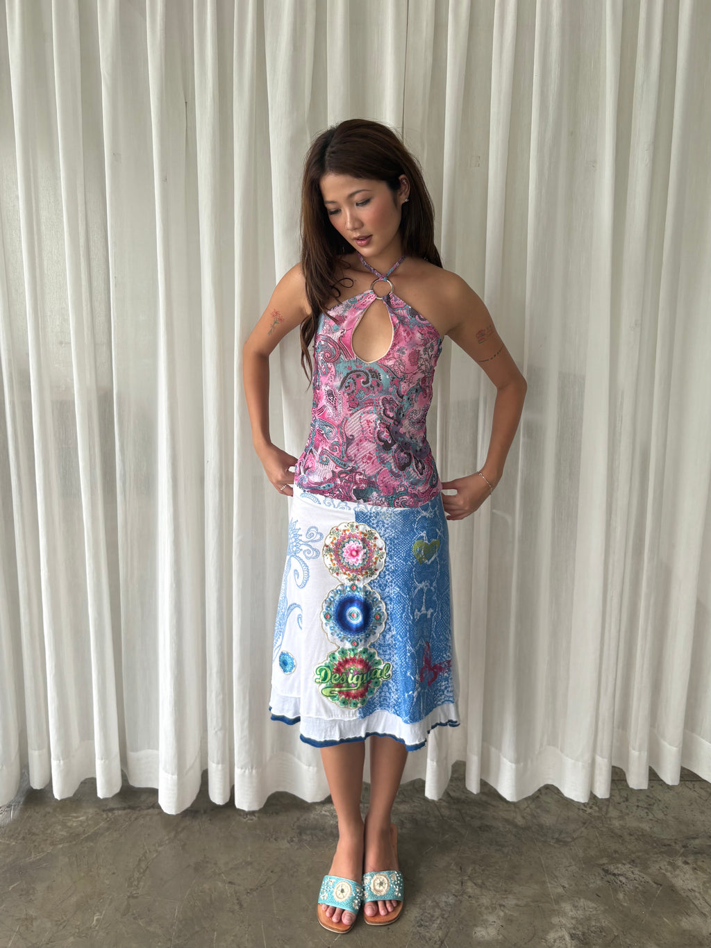Paisley halter & Desigual floral midi skirt