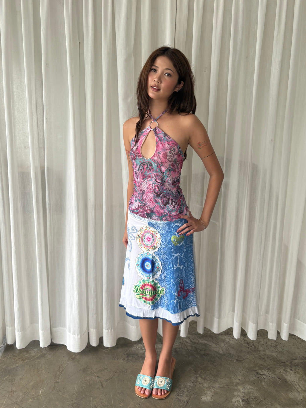 Paisley halter & Desigual floral midi skirt