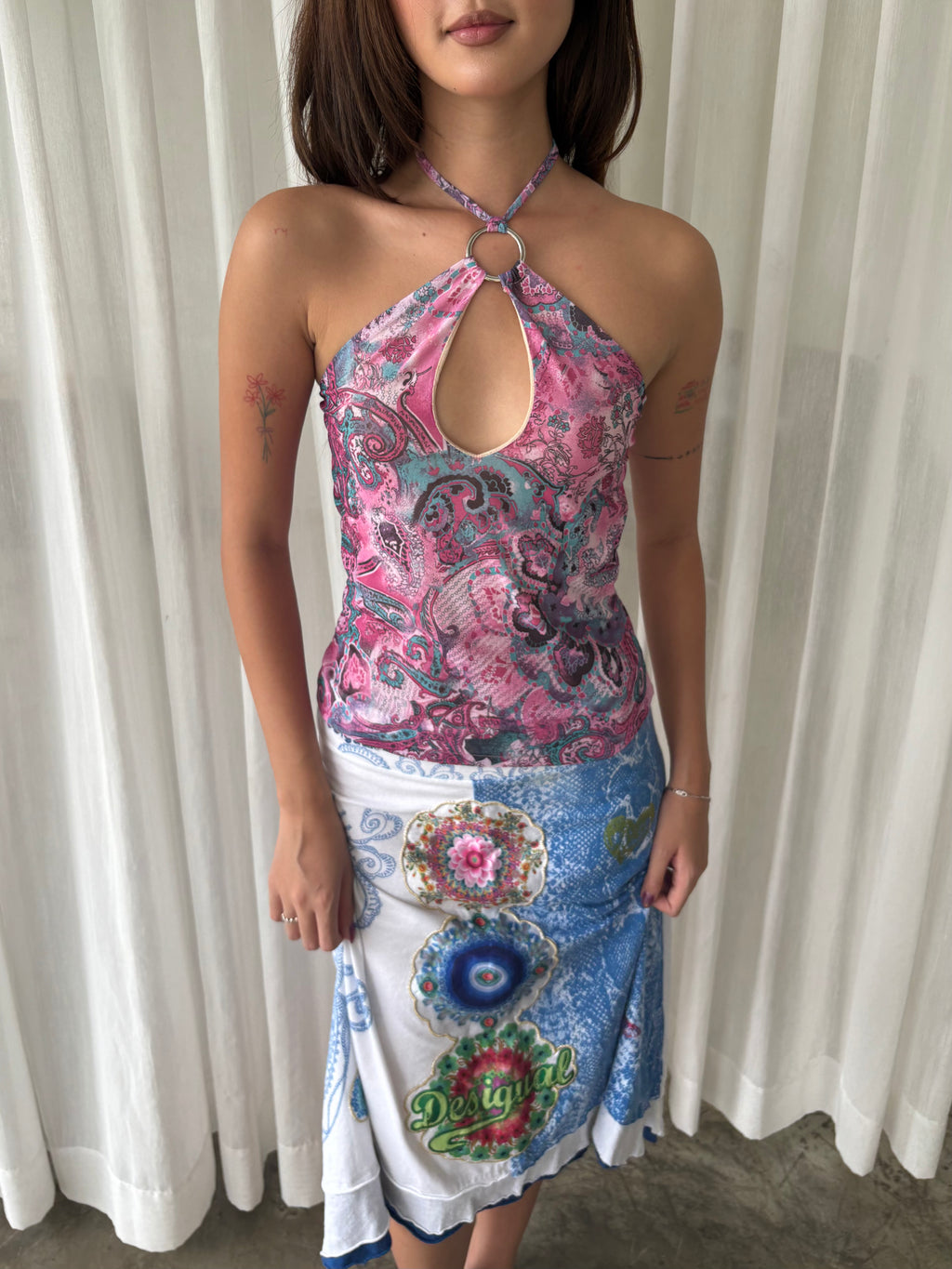 Paisley halter & Desigual floral midi skirt