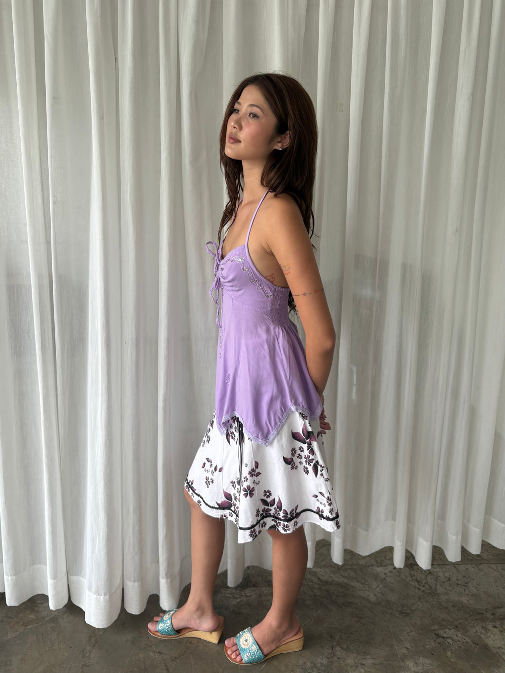 Lilac sequin halter & Plum floral midi skirt