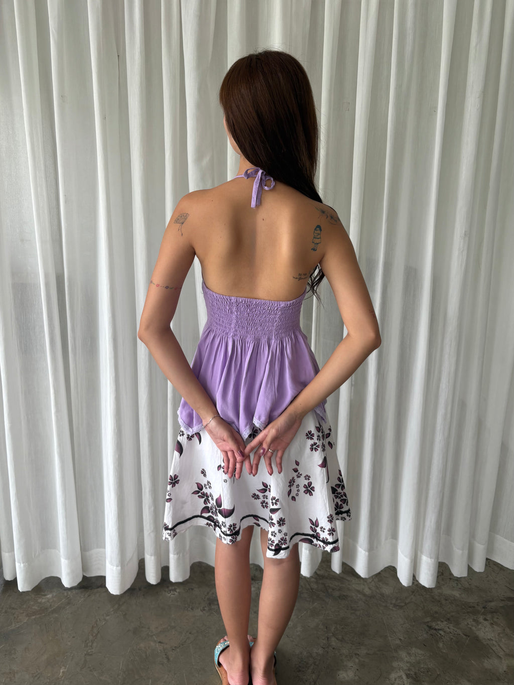Lilac sequin halter & Plum floral midi skirt