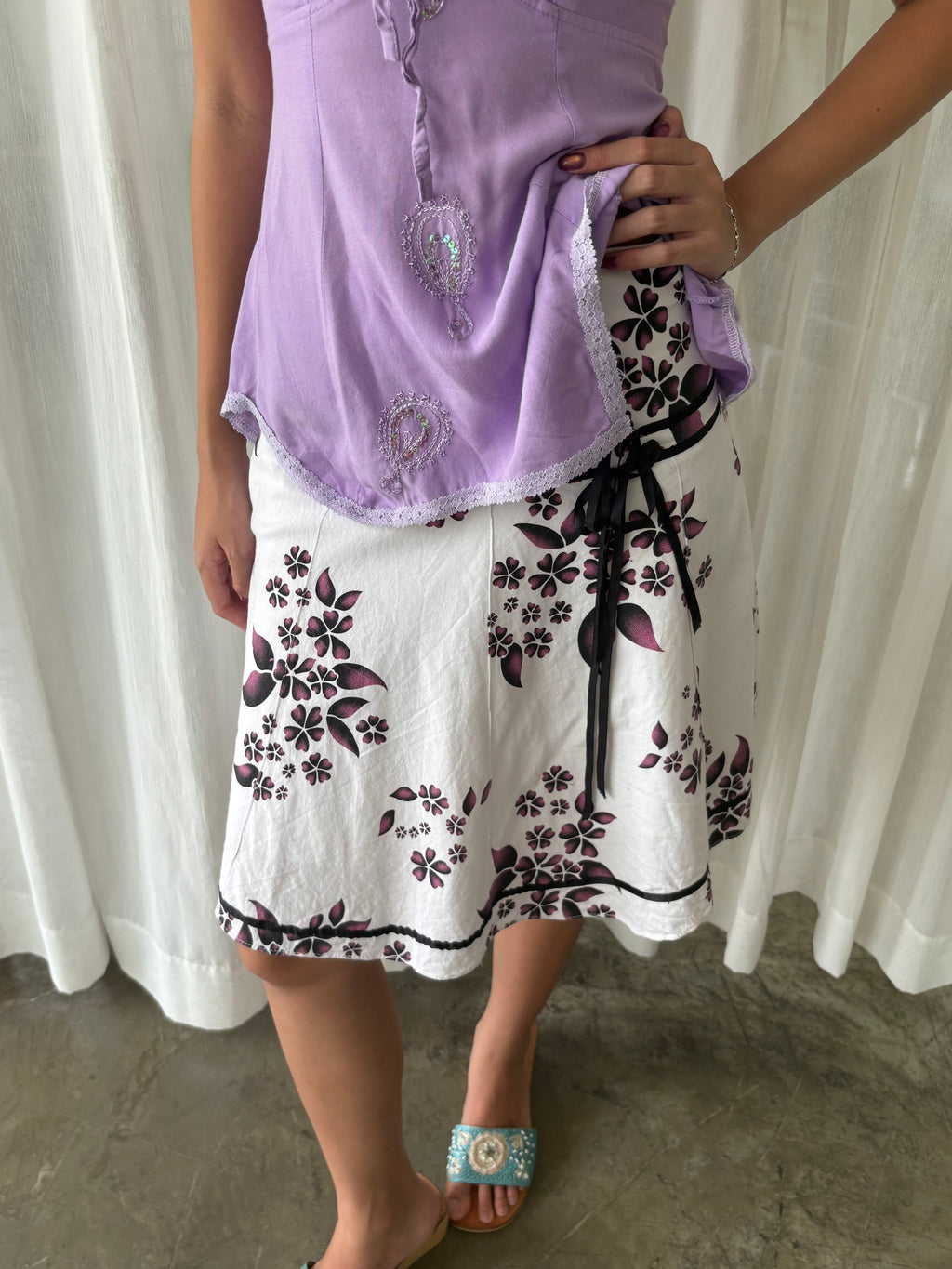 Lilac sequin halter & Plum floral midi skirt