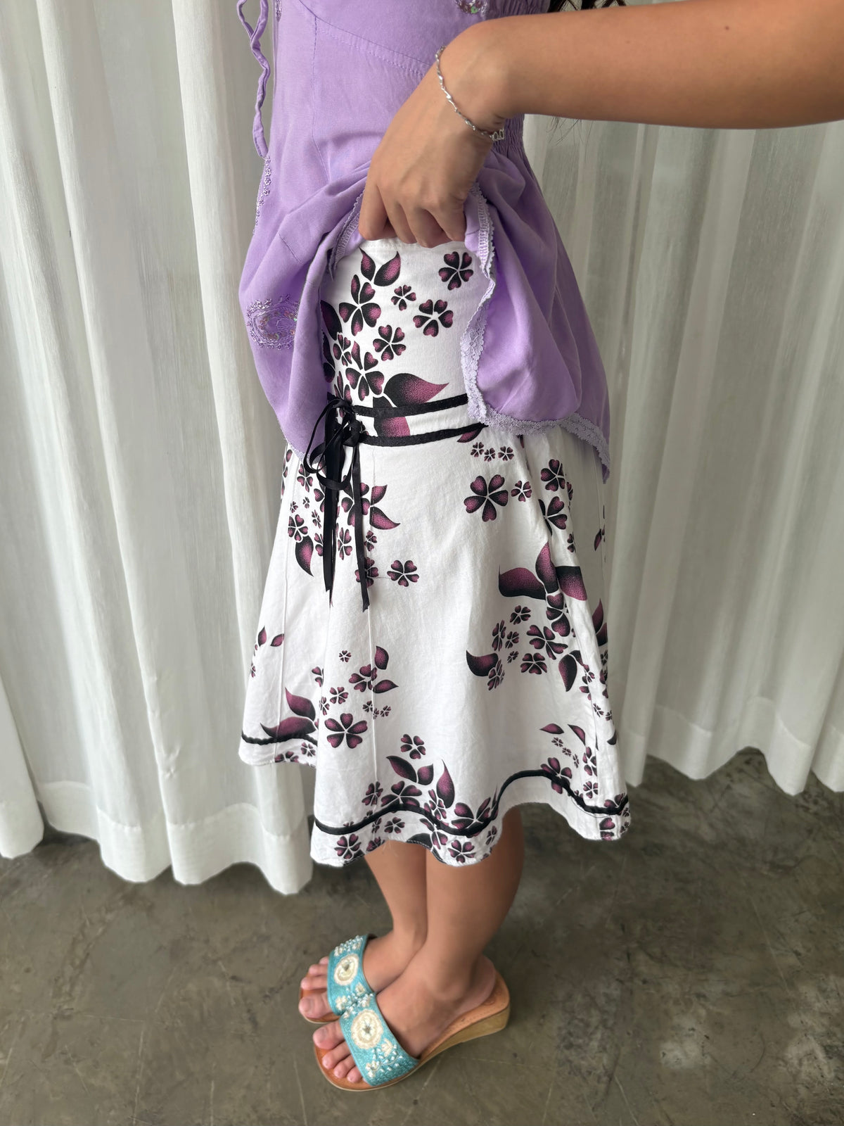 Lilac sequin halter & Plum floral midi skirt