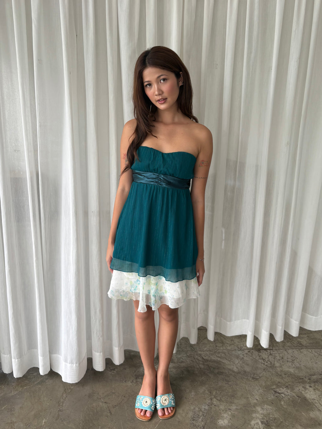Emerald shimmer tube top & Pastel floral ruffle skirt