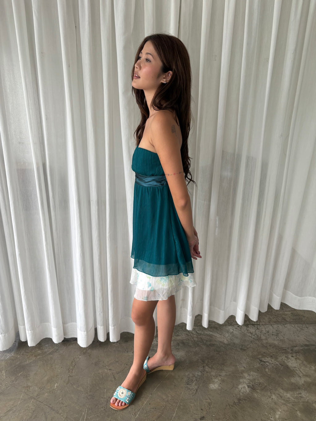Emerald shimmer tube top & Pastel floral ruffle skirt