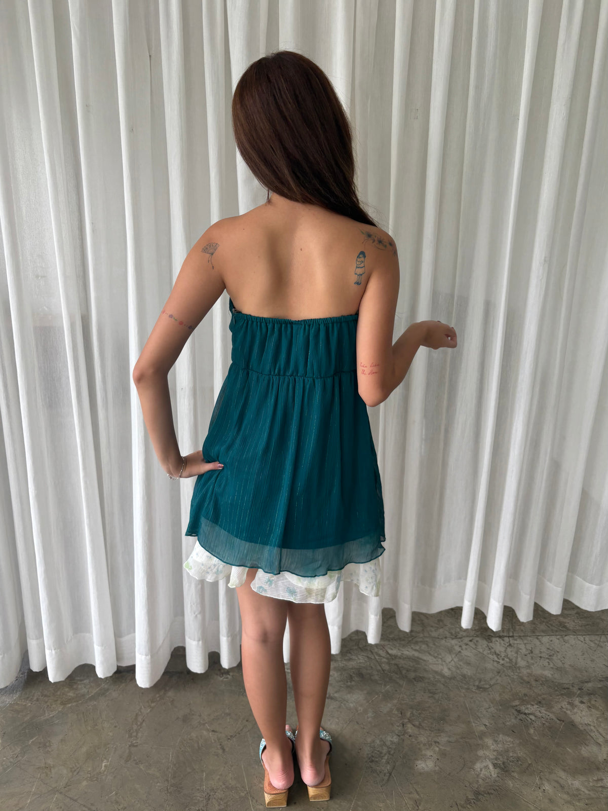 Emerald shimmer tube top & Pastel floral ruffle skirt