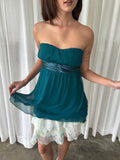 Emerald shimmer tube top & Pastel floral ruffle skirt