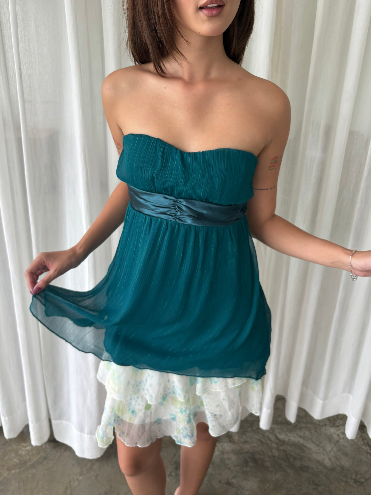 Emerald shimmer tube top & Pastel floral ruffle skirt