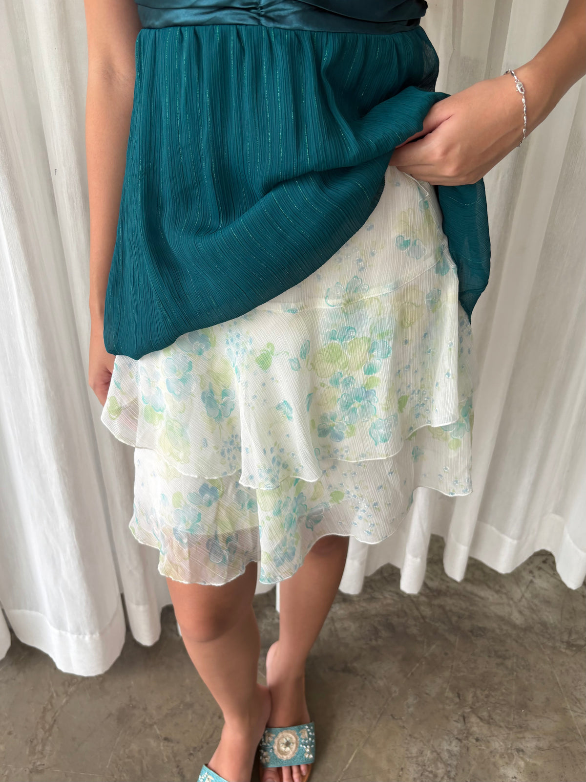 Emerald shimmer tube top & Pastel floral ruffle skirt