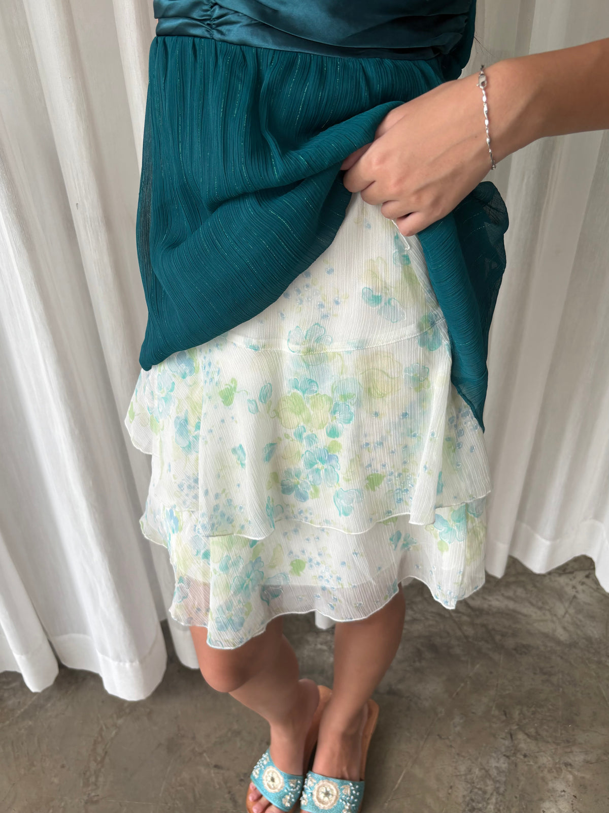 Emerald shimmer tube top & Pastel floral ruffle skirt