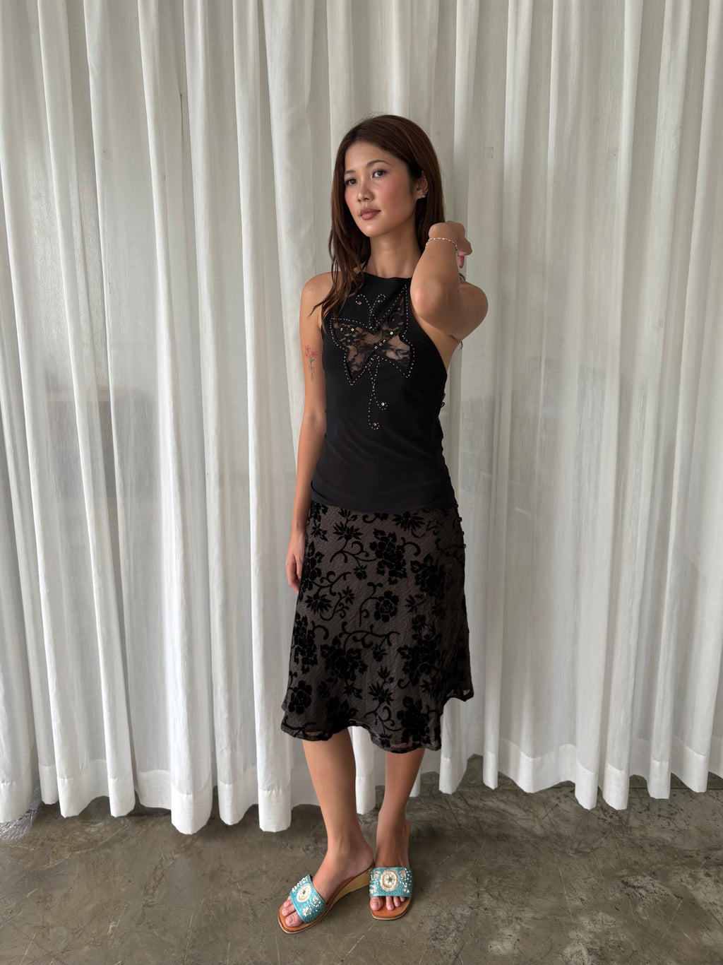 Black lace halter & Shimmery velvet floral skirt
