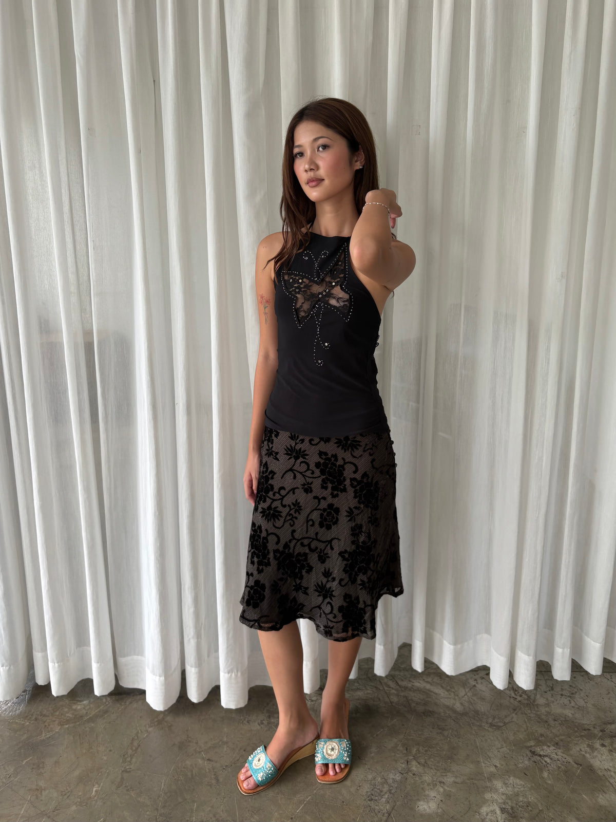 Black lace halter & Shimmery velvet floral skirt