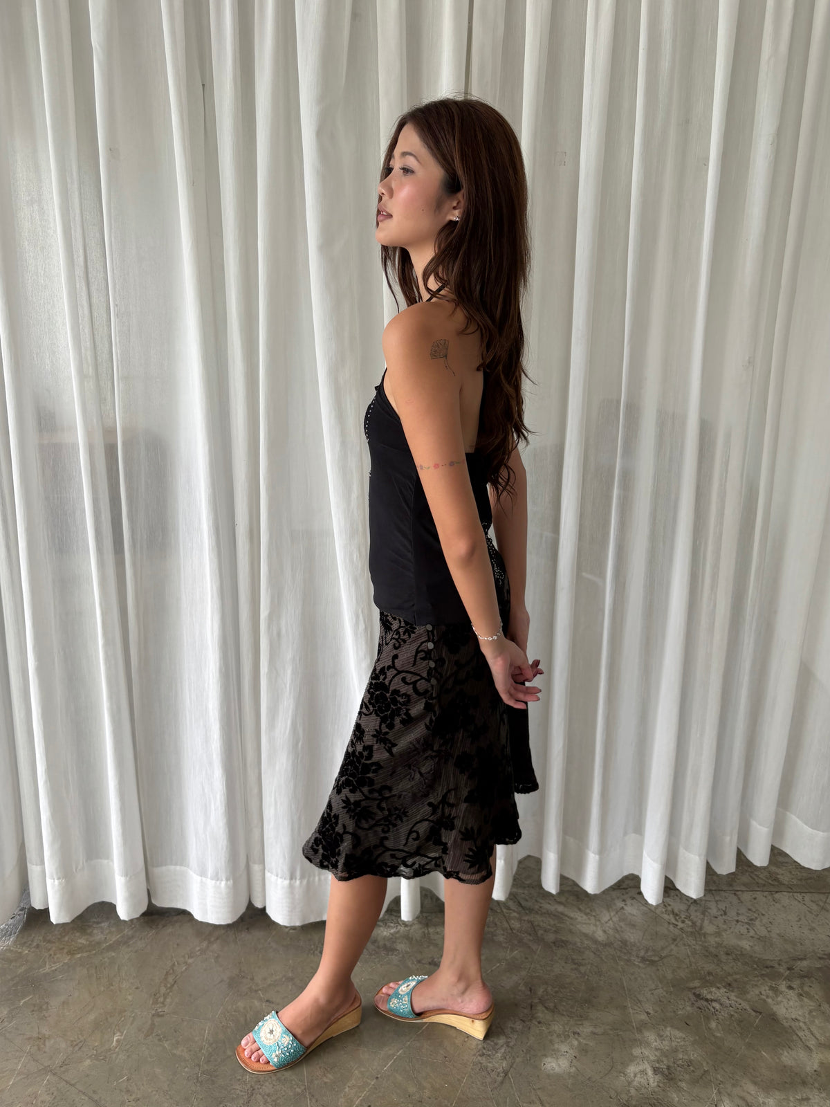 Black lace halter & Shimmery velvet floral skirt