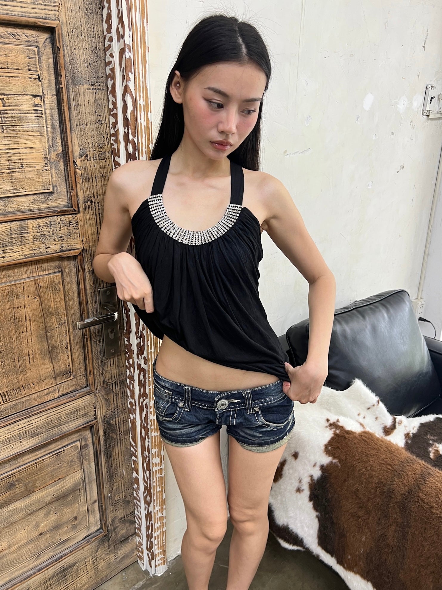 Black rhinestone halter top