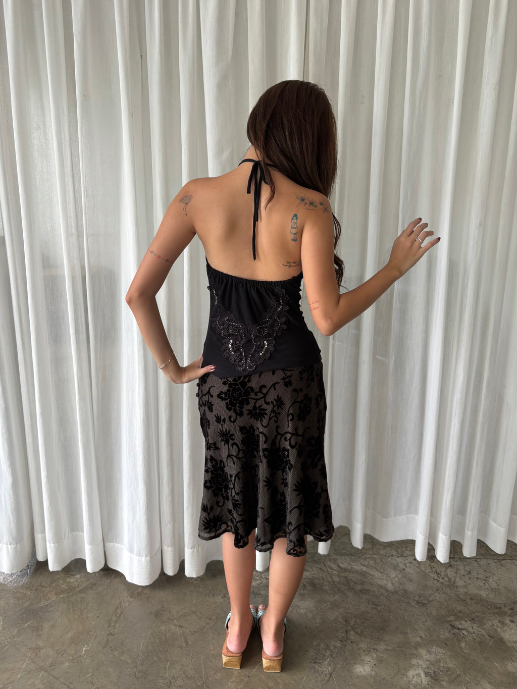 Black lace halter & Shimmery velvet floral skirt