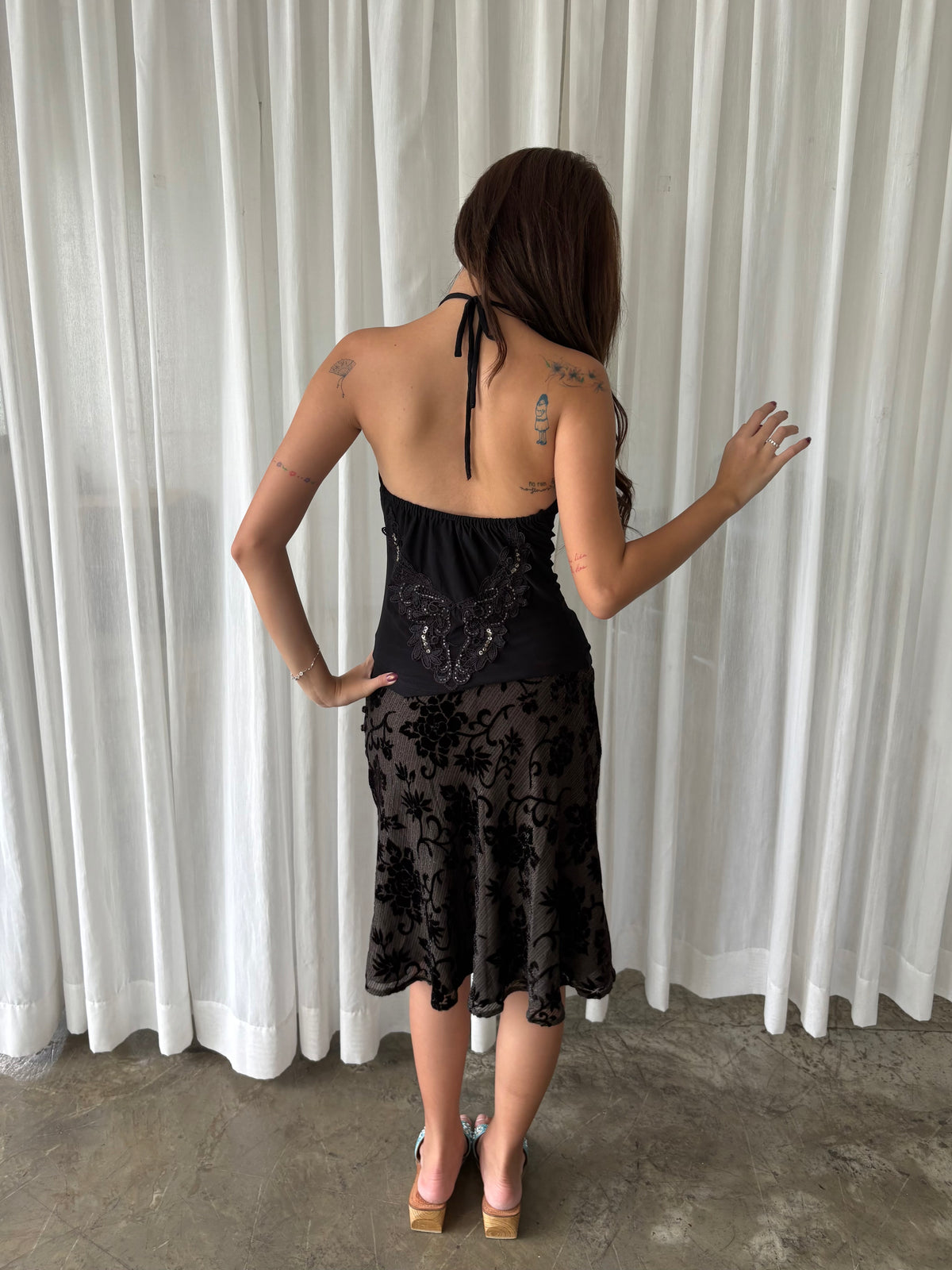 Black lace halter & Shimmery velvet floral skirt