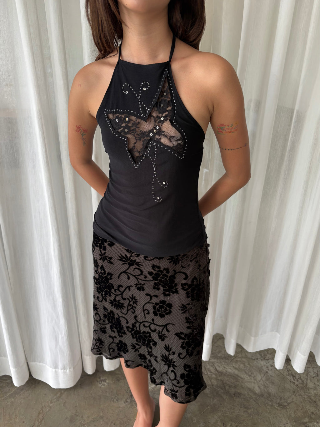 Black lace halter & Shimmery velvet floral skirt