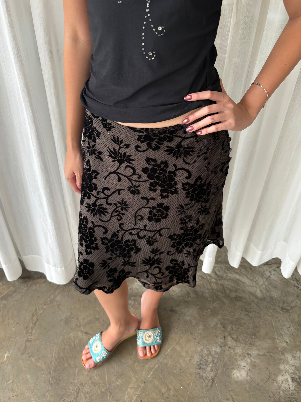 Black lace halter & Shimmery velvet floral skirt