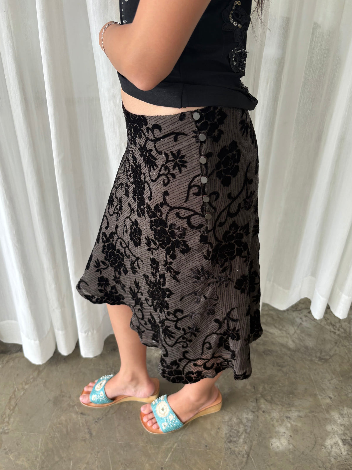 Black lace halter & Shimmery velvet floral skirt