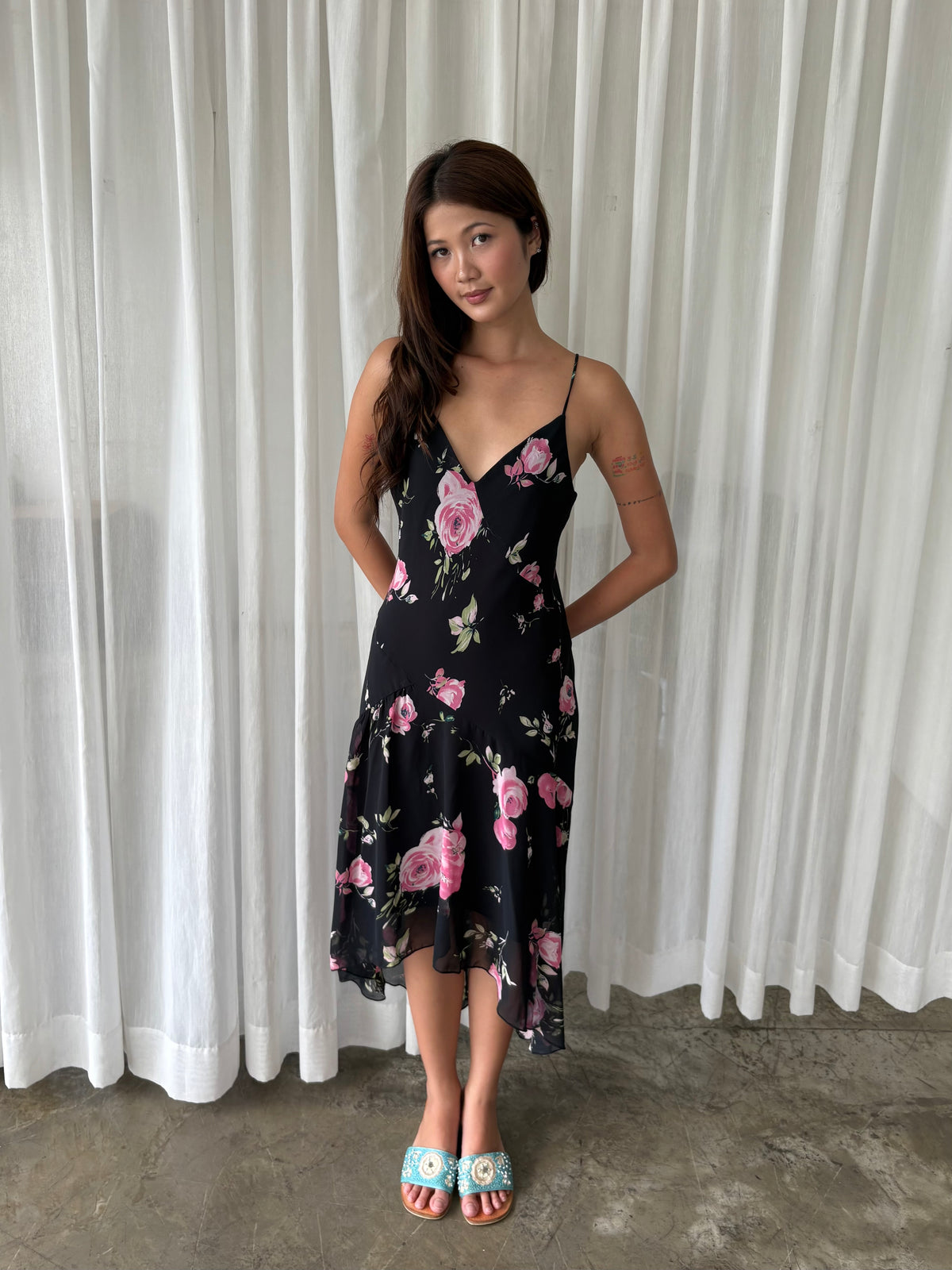 Rose chiffon midi dress