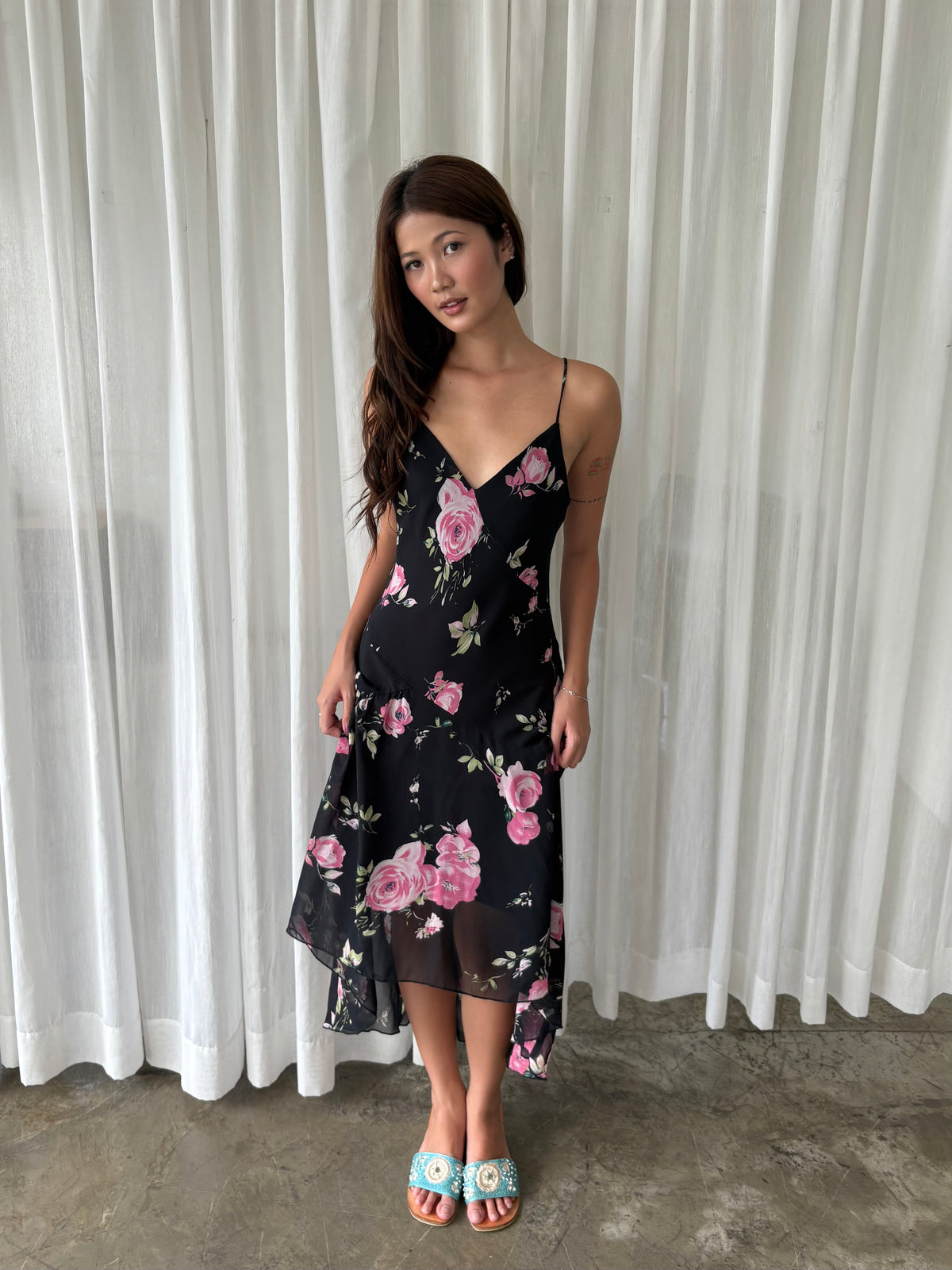 Rose chiffon midi dress