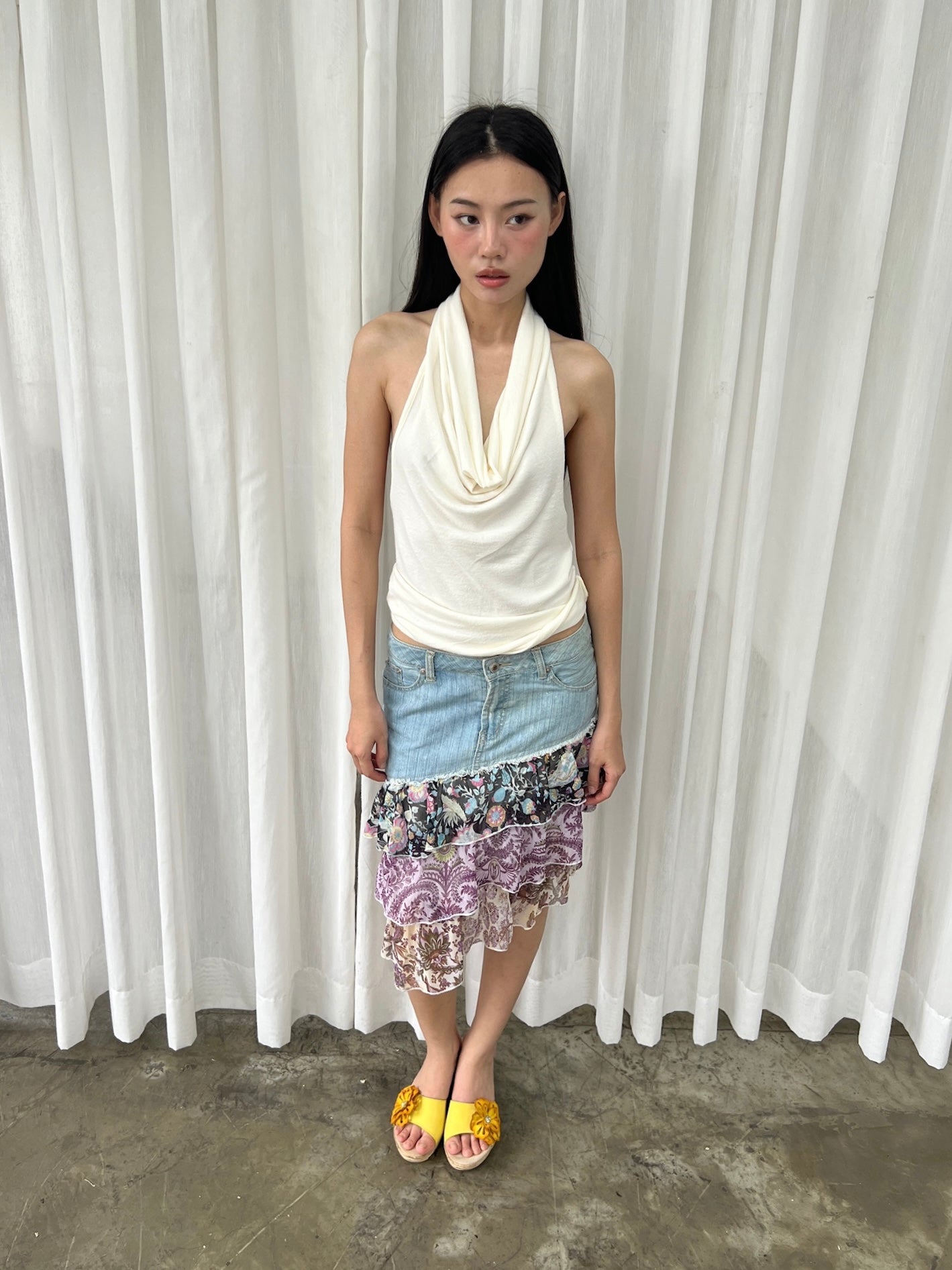 Mixed print denim skirt