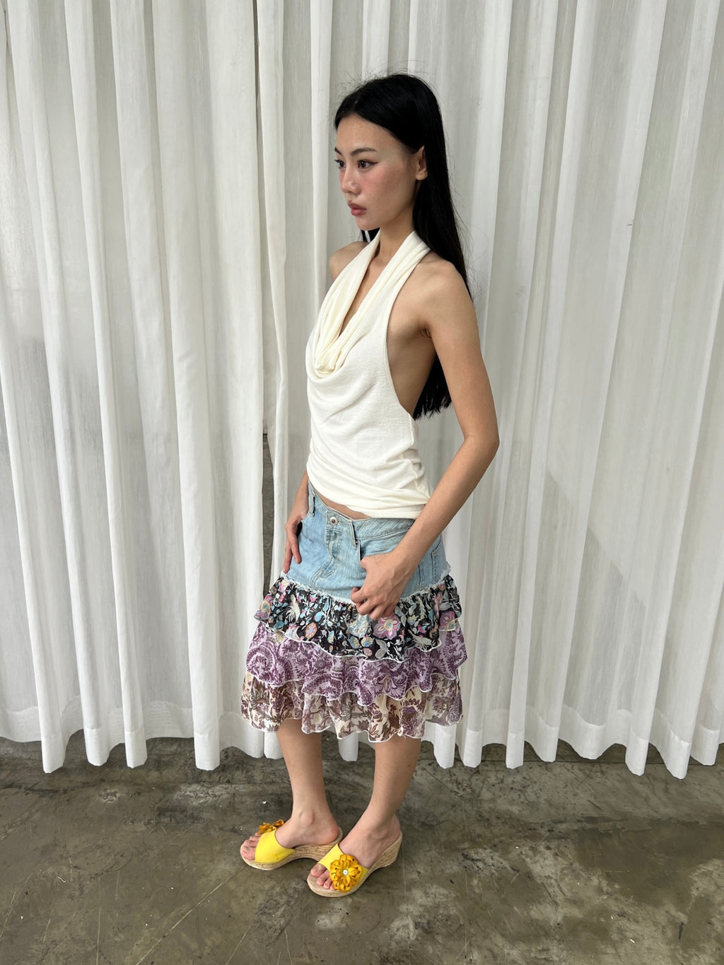 Mixed print denim skirt