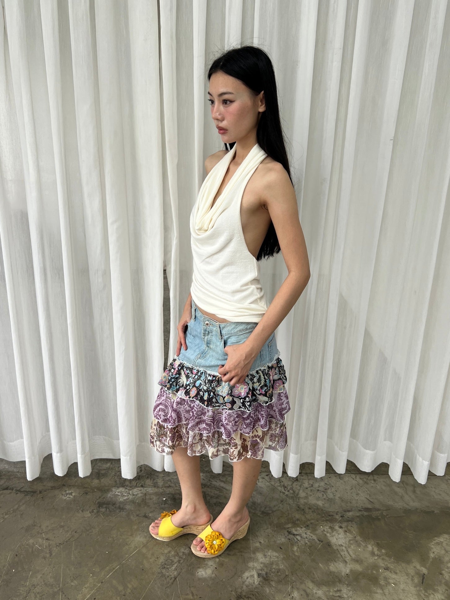 Mixed print denim skirt