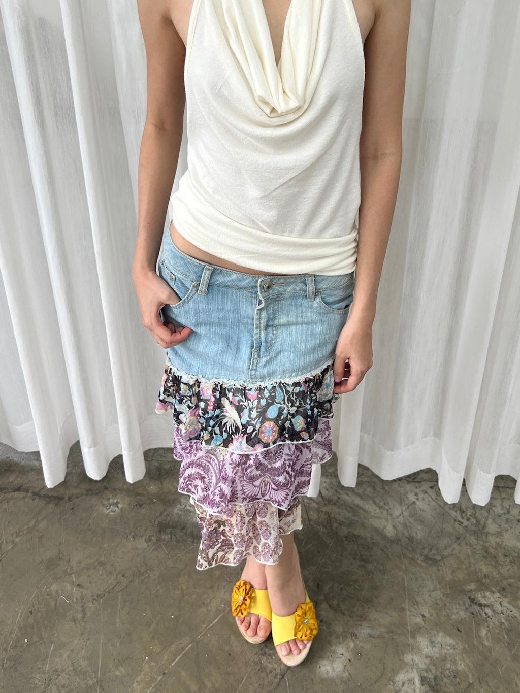 Mixed print denim skirt